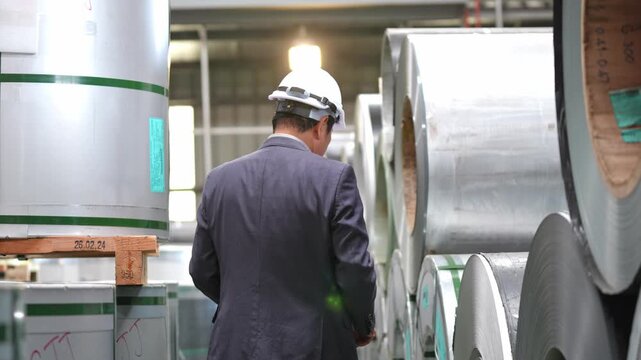 A factory worker examines metal coils while wearing protective equipment in an industrial manufacturing setting