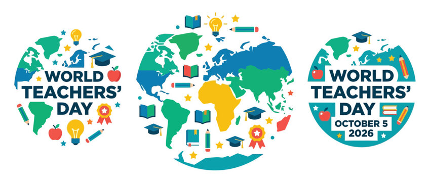 Three circular World Teachers Day graphic designs featuring world maps and educational icons.