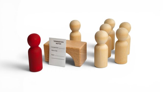 Corporate downsizing and employment termination concept with a red peg doll dismissed in front of coworkers.
