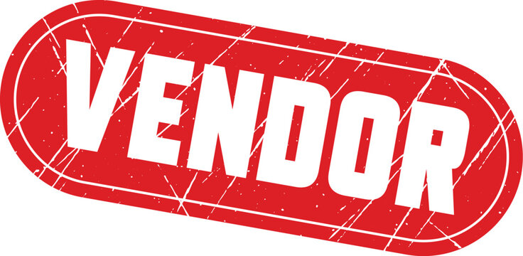 VENDOR: A rounded rectangular red stamp design for marking important paperwork and classifying external service provider invoices.