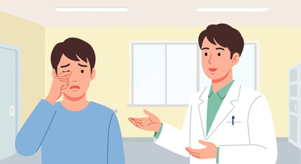Obraz premium Doctor consulting patient with eye discomfort in examination room