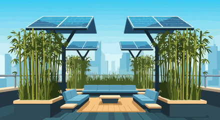 Fototapeta premium Rooftop terrace with bamboo plants and solar panels in modern city