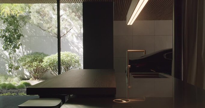 Modern Minimalist Living Room with Warm Lighting atau Luxury Contemporary Kitchen Render