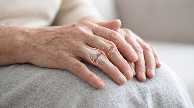 Close-up of an elderly person's hands with a transparent overlay showing the bones and joints of the fingers, illustrating skeletal anatomy or joint conditions.