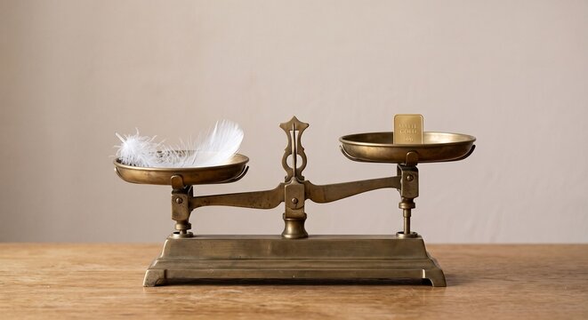 Balance scale weighing a feather against a gold bar true value and priorities concept