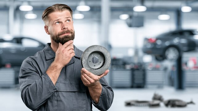 Auto mechanic holding a ventilated brake disc rotor in an automotive garage while thinking. Concept of quiz, consultation and trivia about automotive repair.