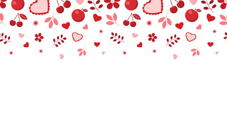Seamless banner with hearts, cherries, apples, flowers and leaves. Space for text, greeting card © HollyOly