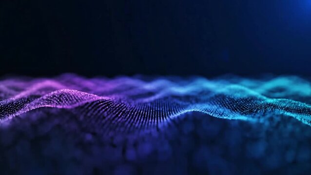 Vibrant purple and blue waves flow across a dark landscape