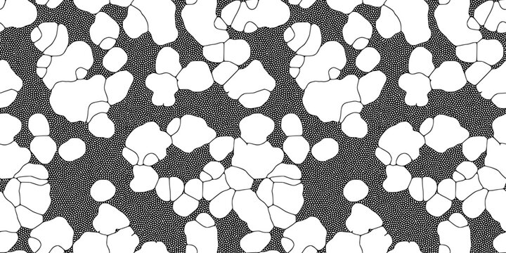 Seamless Turing pattern vector in black and white. Organic pebble cells and dark stippled gaps create an abstract coral inspired biomorphic texture