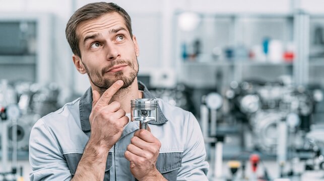 Automotive engineer holding an aluminum engine piston in an engineering lab while thinking. Concept of quiz, consultation and trivia about automotive engineering.