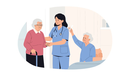 Fototapeta premium Caring Nurse Assists Elderly Patients in Healthcare Setting - Illustration