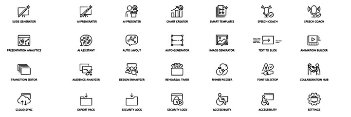 Fototapeta premium Icons Collection of Ai Presentation Tools Featuring Slide Design, Analytics, Assistant, and Accessibility Concepts for Business Pr