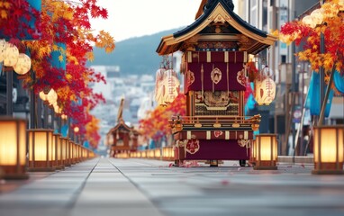 Fototapeta premium Colorful Matsuri Procession Pathway in Kyoto Featuring Lanterns and Autumn Leaves