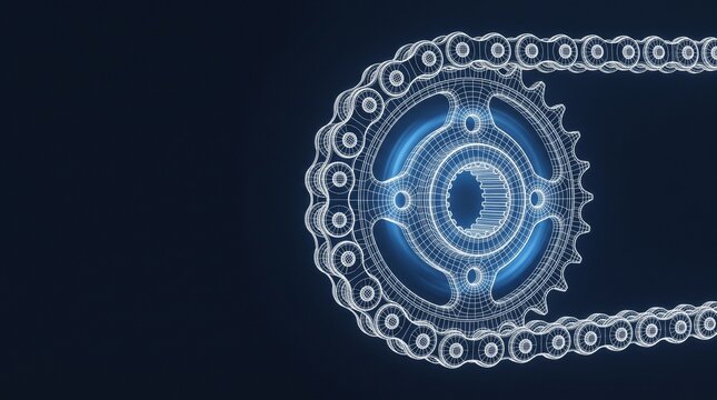Motorcycle drive chain and sprocket wireframe on dark grid, engine blueprint, technical drawing, mechanical design