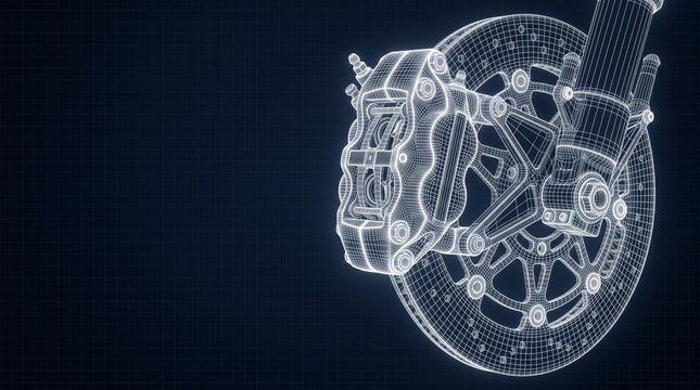 Motorcycle brake caliper and disc wireframe on blue grid, engine blueprint, technical drawing, engineering concept