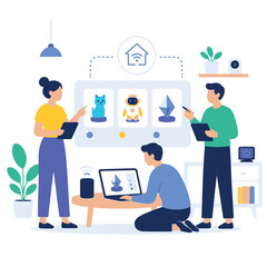 Naklejka premium Flat illustration of developers working on smart home technology and internet of things interface design.