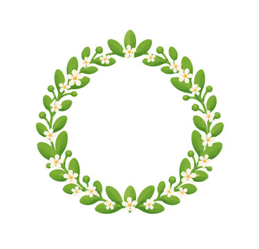 Green leaf and white flower wreath circle on a white background, botanical illustration