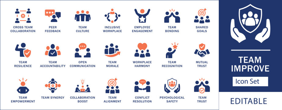 Team improvement and corporate business collaboration flat icon set. Editable vector icons for teamwork, company culture, workforce engagement, and workplace productivity.