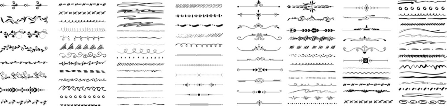 Set of black hand drawn decorative dividers, borders, flourishes, swirls, arrows, scribbles and vintage ornamental line elements isolated on white background.