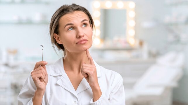 Lash perm specialist holding a silicone lash perm rod in a lash treatment studio while thinking. Concept of quiz, consultation and trivia about lash perming.