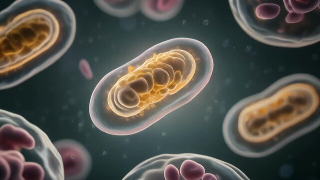Firefly exploring the microscopic world of cells and vital energy producing structures in nature