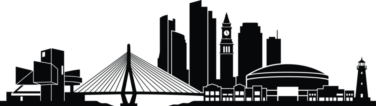 Boston Skyline Silhouette Vector with Famous Landmarks and Modern City Architecture