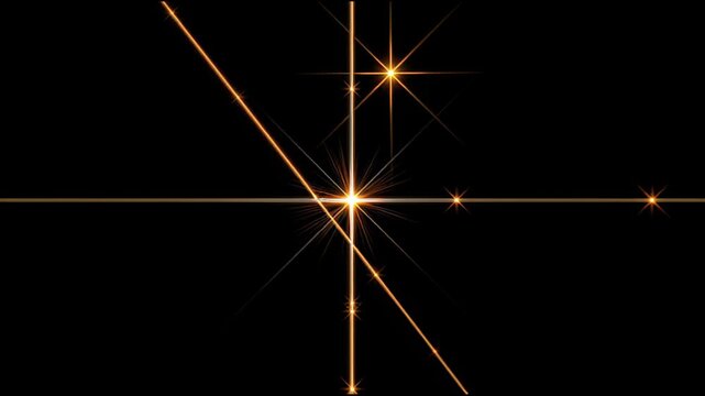 Golden light flare with star sparkles on black background, abstract motion background for modern creative design