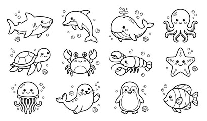 Obraz premium Easy Cute Sea Animal Cartoon Coloring Book Vector Pages with Simple Marine Outline Illustrations for Kids
