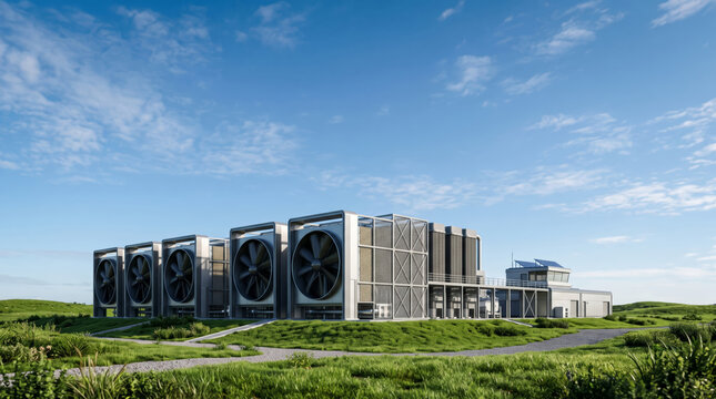 Modern Direct Air Capture (DAC) plant and carbon sequestration facility in a green landscape under a blue sky