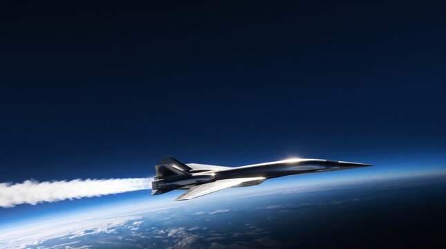Futuristic Hypersonic Jet Flying at High Altitude Over Earth Horizon