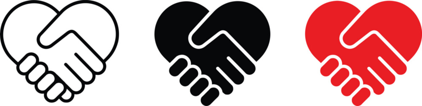 Handshake heart icons in black, white, and red
