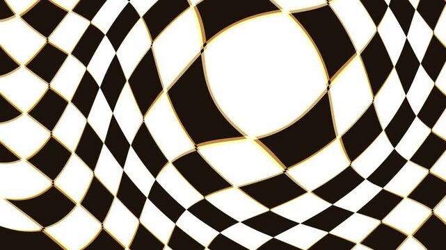 Checkered pattern background warps and distorts into a black hole vortex in a 3D animation loop featuring stylized monochrome waves