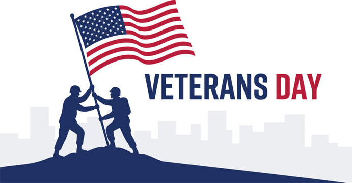 Veterans Day Patriotic Design Featuring Soldiers Raising American Flag on Battlefield Hill Silhouette Vector
