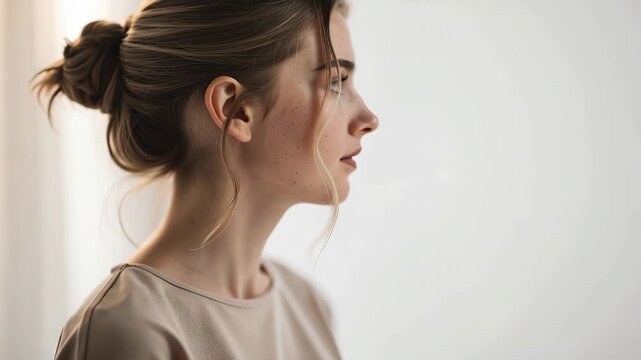 Soft light portrait of a young woman deep in thought with gentle peaceful expression