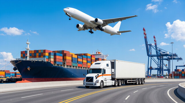 Global logistics and cargo transportation concept with container ship, freight truck and commercial airplane at a busy international shipping port