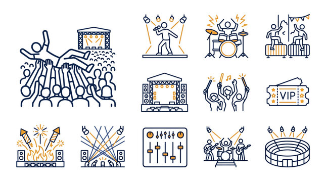 Corporate Event Set Vibrant Line Art Icons Featuring DJs Concerts Fireworks Sound Equipment and VIP Access