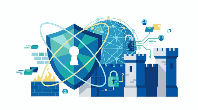 A blue shield with a keyhole protects a castle from cyber threats and hackers