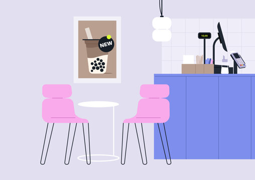 In a cozy specialty cafe, vibrant  chairs surround a small table, creating an inviting atmosphere, A modern counter holds the latest drink offering, ready for customers to enjoy