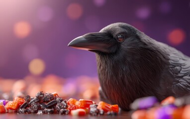 Fototapeta premium Raven and Licorice Candy Under a Mystical Moonlit Background