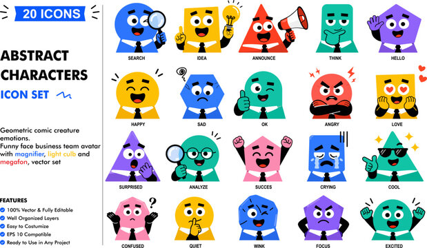 Geometric comic creature emotions. Funny face business team avatar with magnifier, light culb and
megafon, vector set