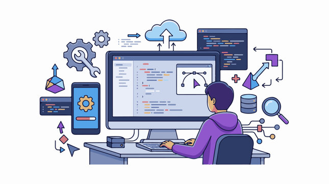 A person in a purple hoodie sits at a desk working on a computer with various coding and development symbols surroundin