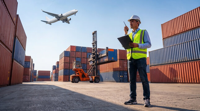 Logistics manager inspecting container yard with forklift and cargo stacks while commercial airplane approaches above, illustrating global freight, shipping, and supply chain operations