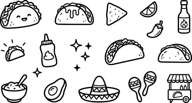 Cute Mexican Food and Taco Vector Doodle Set Featuring Smiley Tacos Nacho Chip Avocado Sombrero and Hot Sauce Sticker Icons