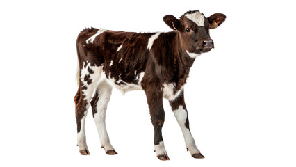Cute domestic calf small baby cow standing on farm pasture isolated on transparent background cut out © Ivan