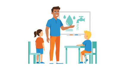 Fototapeta premium Teacher explains the importance of water conservation using a whiteboard diagram to a boy and a girl in a classroom educational setting.