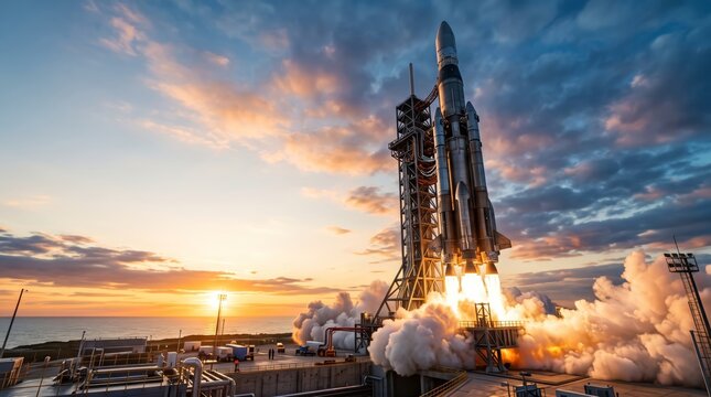 Powerful Space Rocket Launching into Sky at Sunset from Coastal Launchpad