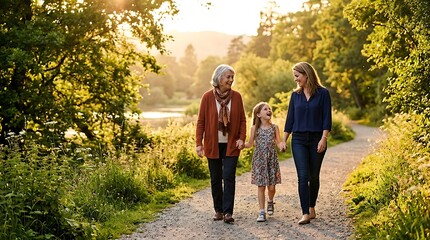 Obraz premium Embracing Multigenerational Messaging A Family's Joyful Stroll Through Nature