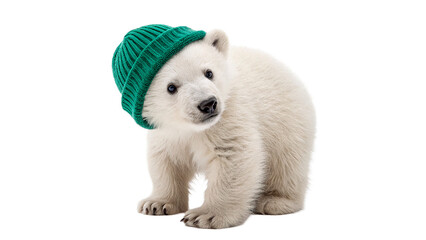 Cute polar bear cub wearing green winter knitted hat toy isolated on transparent background cut out © Ivan