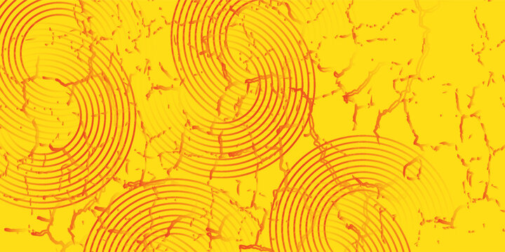 Collection of yellow and red concentric circles. Collection of radial sound wave or sonar rings. Pack of radar icon symbols, targets, dashed lines, halftones, Modern.