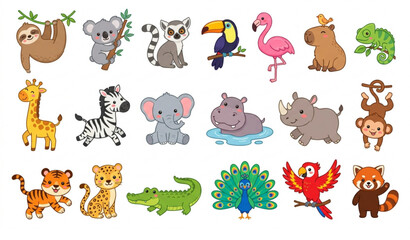 Cute Exotic Animal Cartoon Characters Vector Set Isolated on White © Kuddus